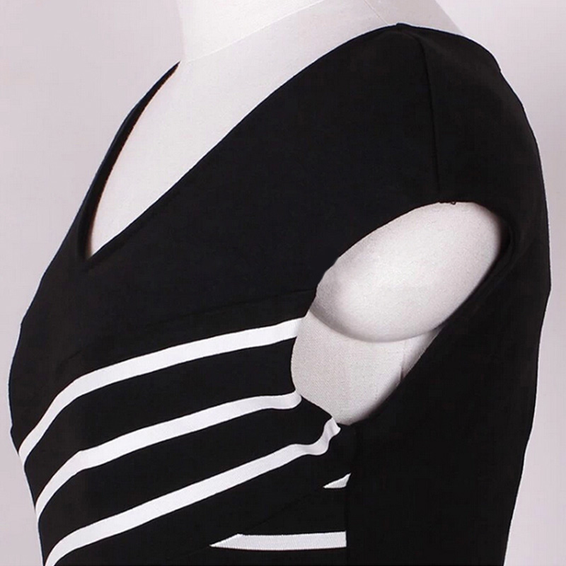 Elegant Women Summer V Neck Dress Black and white stripe Stitching Pencil Dresses Lady Knee-Length Party Bodycon Dress