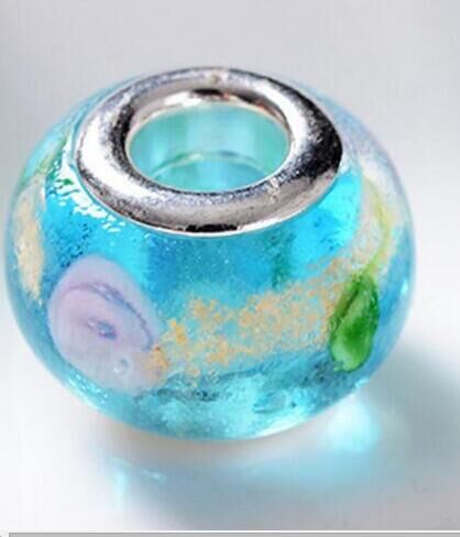 100pcs Lot Fashion Round Foil Flower Lampwork Glass Big hole Beads Fit European Charm Bracelet DIY Jewelry Gift GB06