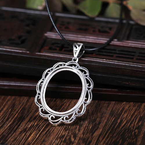 Real Sterling Silver 925 Retro Vintage Party Pendant Semi Mount Oval Cabochon 19x23mm for Amber Agate Opal Turquoise Lapis lazuli Setting