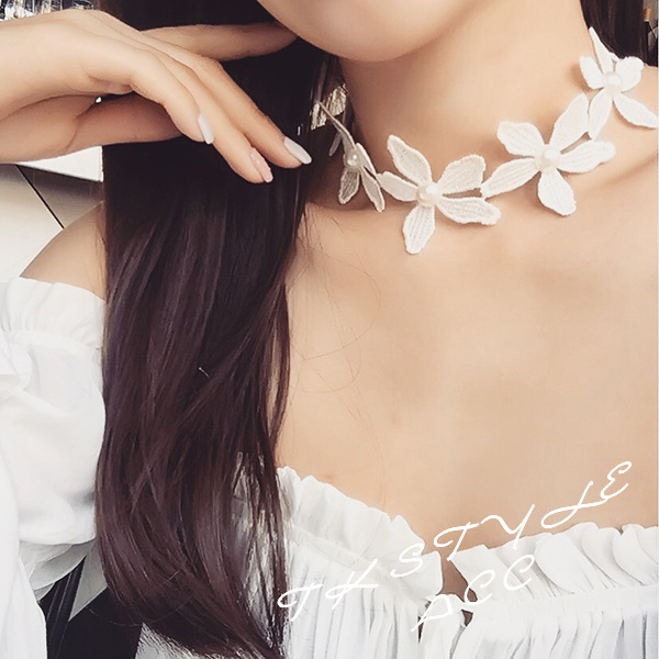 Korean Special Short Necklace Lace White Flower All-match Neck Chain Bib Statement Necklace Jewelry for Women Girls