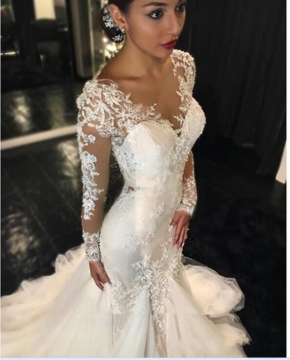 Modern Mermaid Dresses Sexy Long Sleeves Lace Appliques Beaded Sheer Back Plus Size Court Train Custom Wedding Dress Bridal Gowns