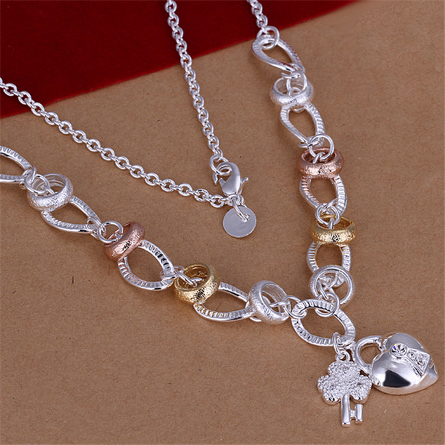 Dichroic insets heart lock hanging flower necklace sterling silver plate necklace STSN212,fashion 925 silver Chains necklace factory