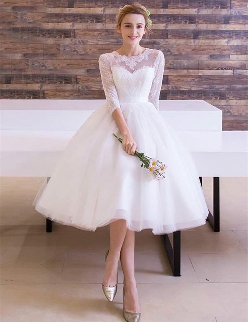 Vintage Style Tea length Wedding Dress 3/4 Sleeve Lace Tulle Ribbon Sash A Line Short Top Quality Bridal Gowns Custom Made, Ivory
Vintage Style Tea length Wedding Dress 3/4 Sleeve Lace Tulle Ribbon Sash A Line Short Top Quality Bridal Gowns Custom Made, Ivory