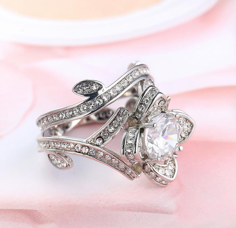 2017 Top Selling Wholesale Luxury Jewelry 925 Sterling Silver Filled Multi CZ Topaz Crystal Party Women Wedding Bridal Leaf Ring Set Gift