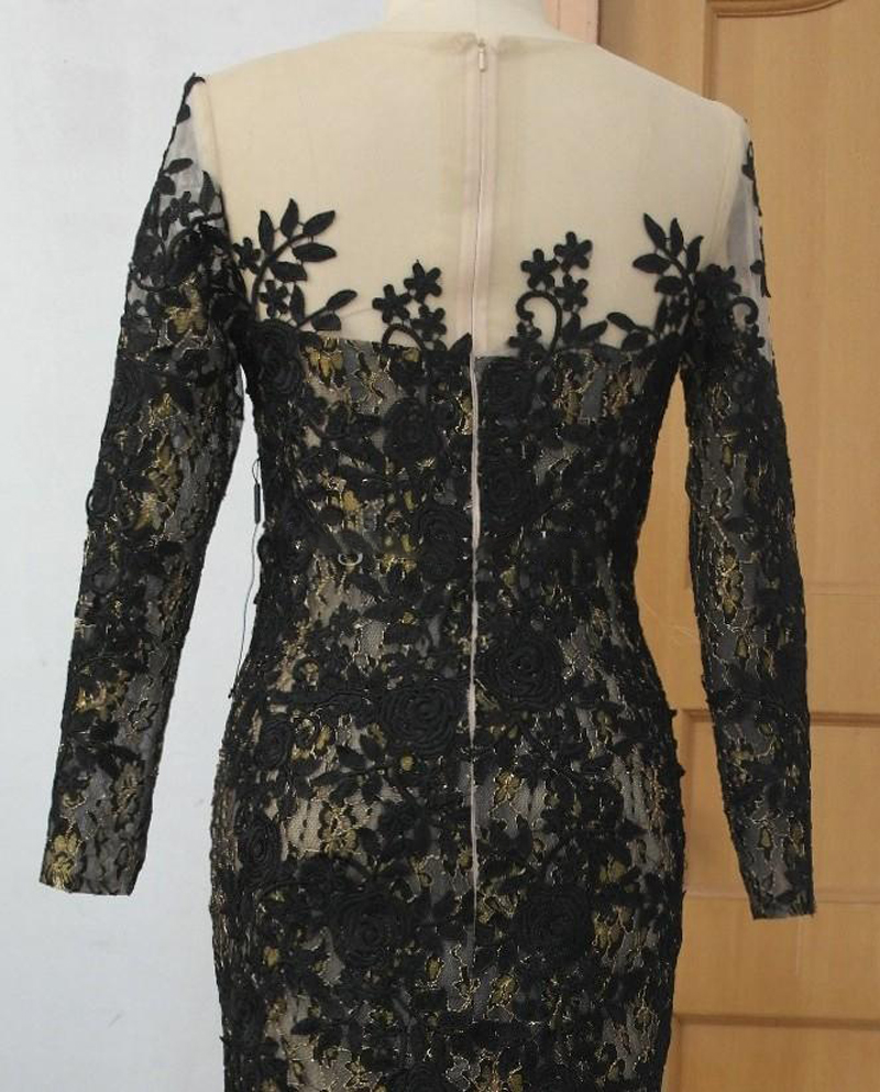 2016 Celebrity Evening Dresses Black Applique with Gold Thread Scoop 3/4 Long Sleeve Mermaid Sweep Train Prom Dresses Real Pictures Dresses