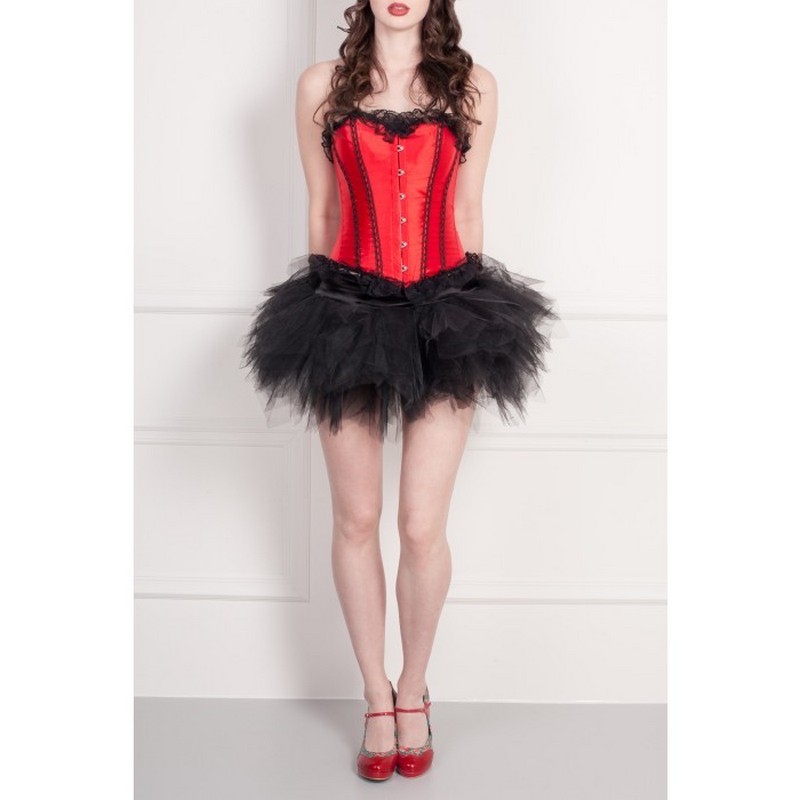 Plus Size Halloween Christmas Nightclub Red Sweetheart Lace Trim Corset with Mesh Layered TUTU Skirt Dancing Suit Women Dance Corset Outfit