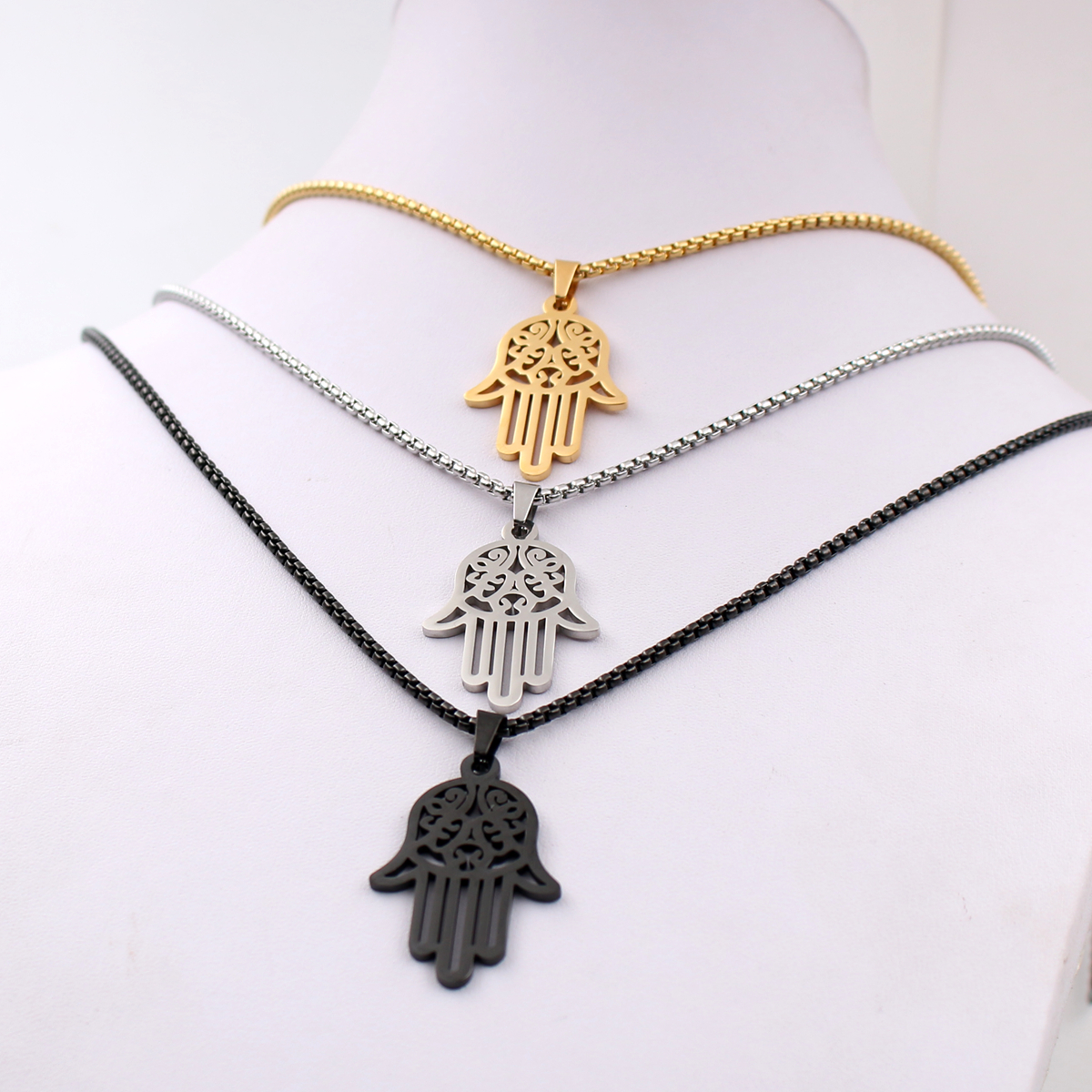 Silver gold black choose Men's ICP 316L Stainless Steel Black Hand of Fatima Hamsa Pendant with Matching 3mm 24inches Box Rolo Chain
Silver gold black choose Men's ICP 316L Stainless Steel Black Hand of Fatima Hamsa Pendant with Matching 3mm 24inches Box Rolo Chain