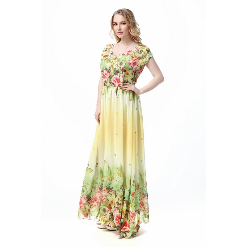 Big Size Maxi Dresses L-5XL Women's Long Chiffon Floral Print Beach Dress Short Sleeve Sexy Elegant Bohemian Dress