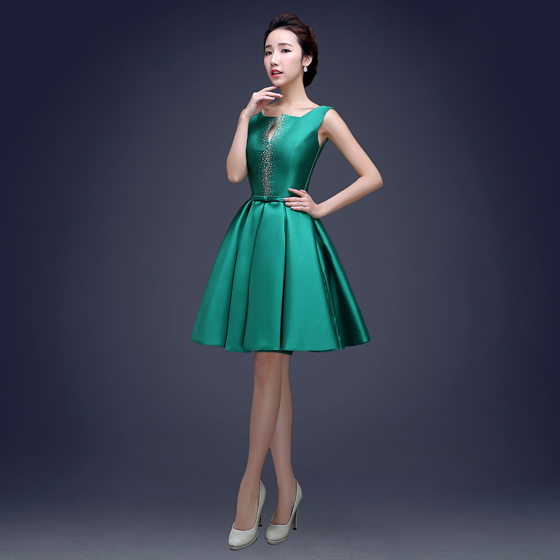 Bateau Neck 395 Satin Short Cocktail Dresses Lace Up 2019 Beaded Knee Length Party Dress Dark Green