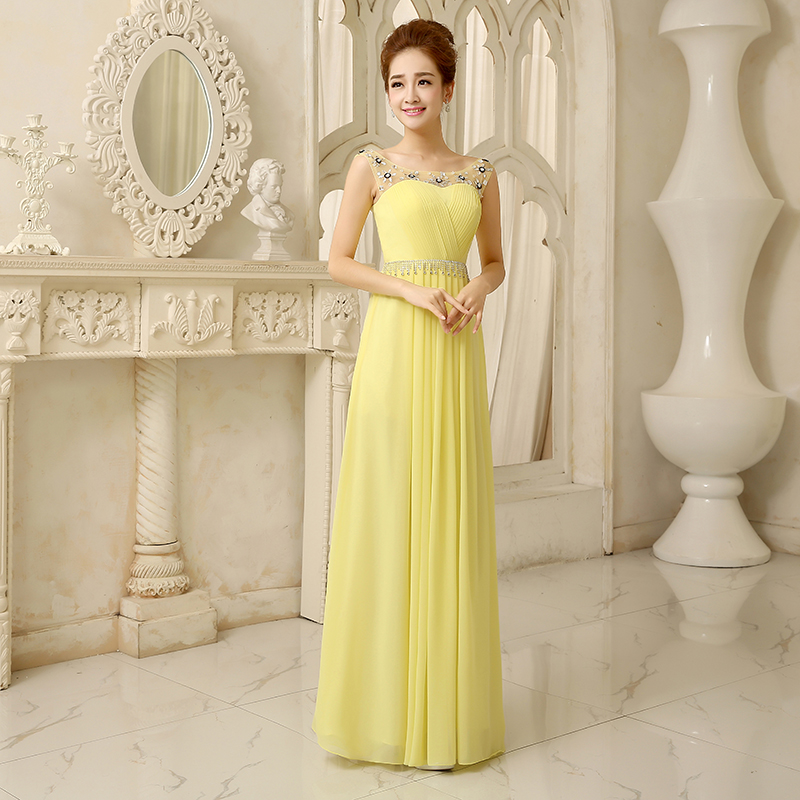Beaded Crystal Long Chiffon Bridesmaid Dress With Scoop Neckline 2019 Yellow Bridesmaid Gowns For Wedding Party