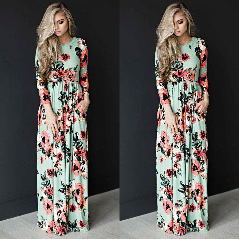 Wholesale- New Casual Women Summer Floral Long Dress High Waist Female Long Sleeve Party Dress Women BOHO Long Maxi Dress