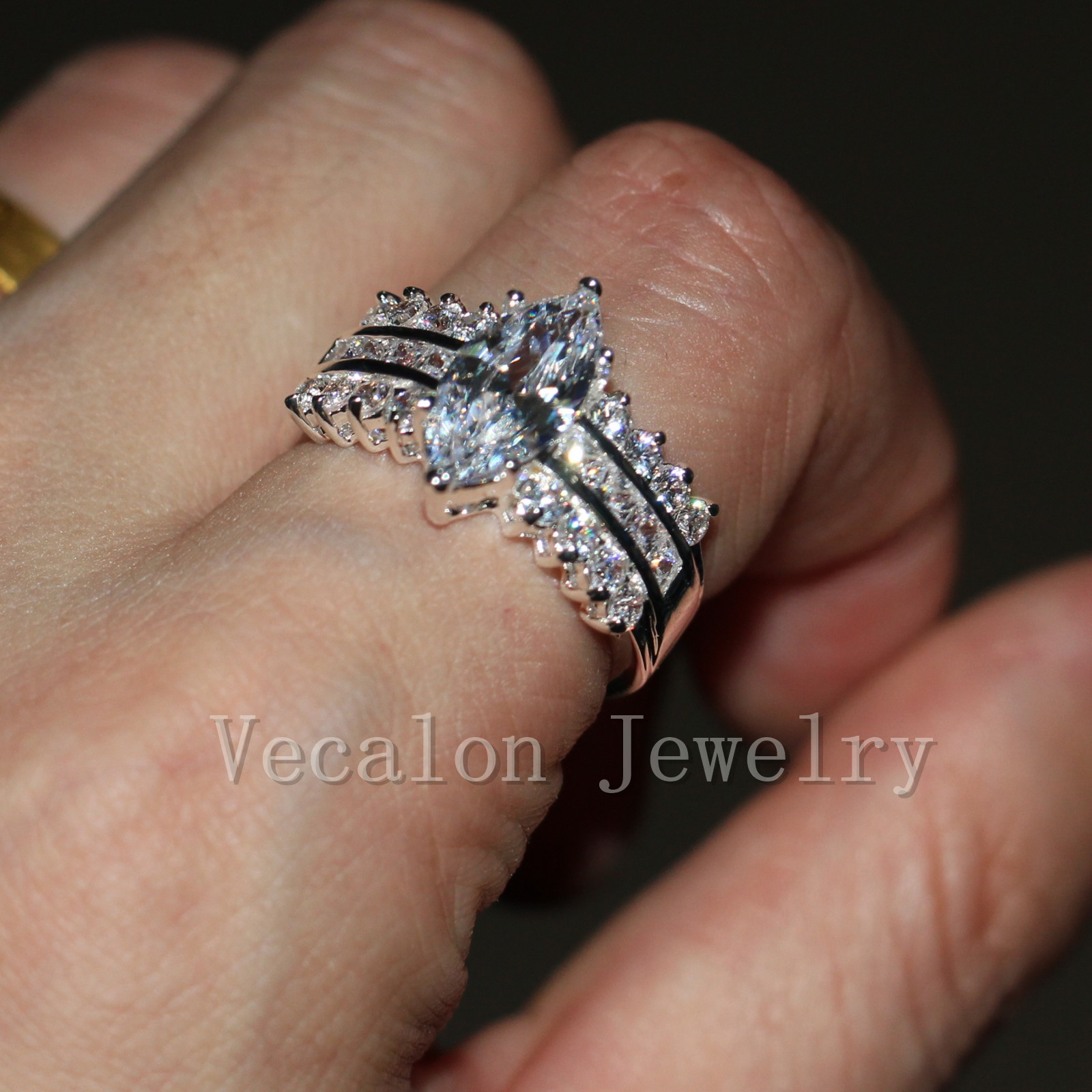 Vecalon 2016 Fashion Brand Handmade Marquise Cut 5ct Cz Simulated dia Sterg Sier Engagement Band Wedding Ring for Women
