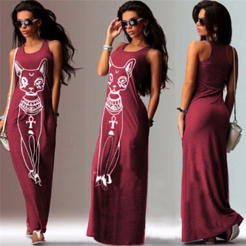 Sexy Evening Party Dresses Women 2016 Summer Dress Vestidos Wine Red Black Sexy Cartoon Cat Print Boho Long Maxi Beach Dresses