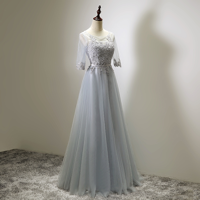 Light Gray Bridesmaid Dresses Long Wedding Guest dress Party gowns Sheer with Applique Pleats Tulle Formal Dress Plus Size Cheap