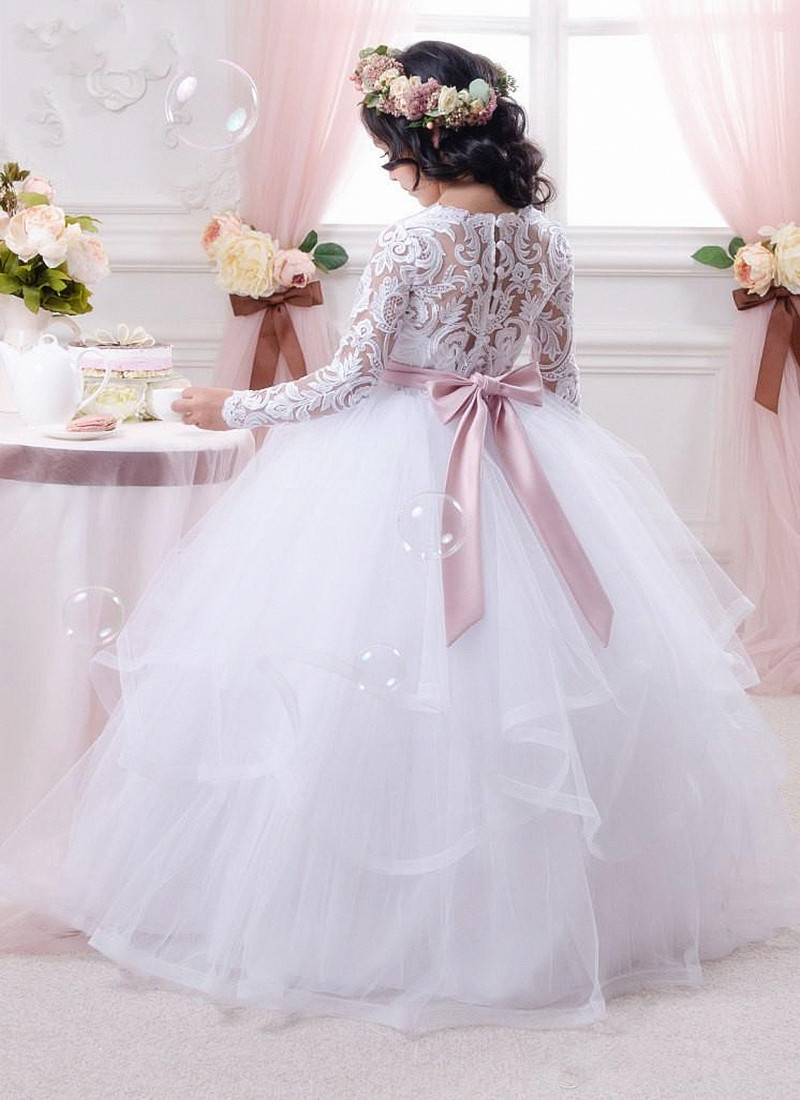 Long Sleeve First Communion Dress for Girls Lace Ball Gown Flower Girl Dresses White Cheap Wedding Party Pageant Gowns