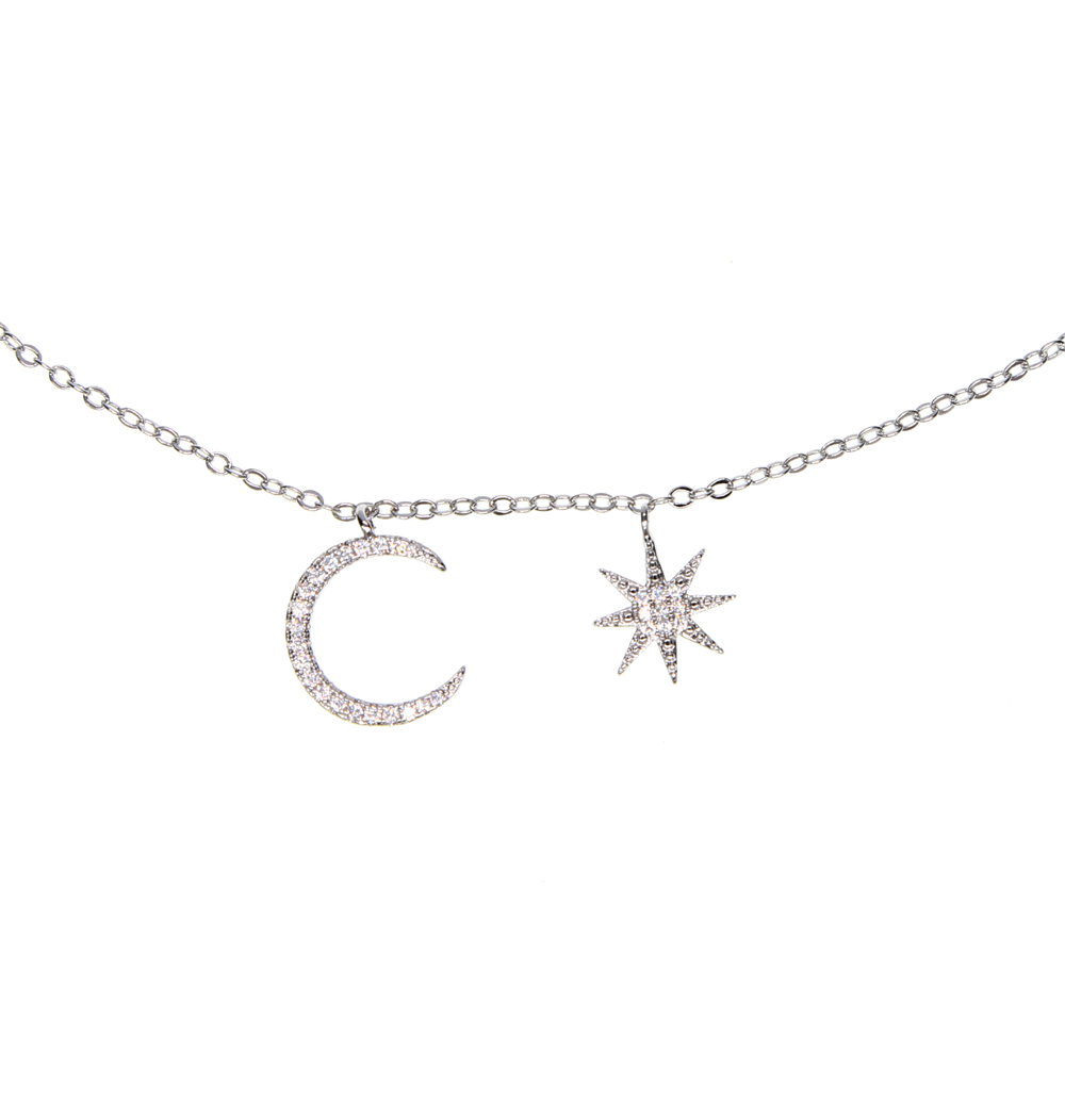 fashion jewelry simple christmas design delicate chain 3 color micro pave cz sparling moon star pendant choker necklace
