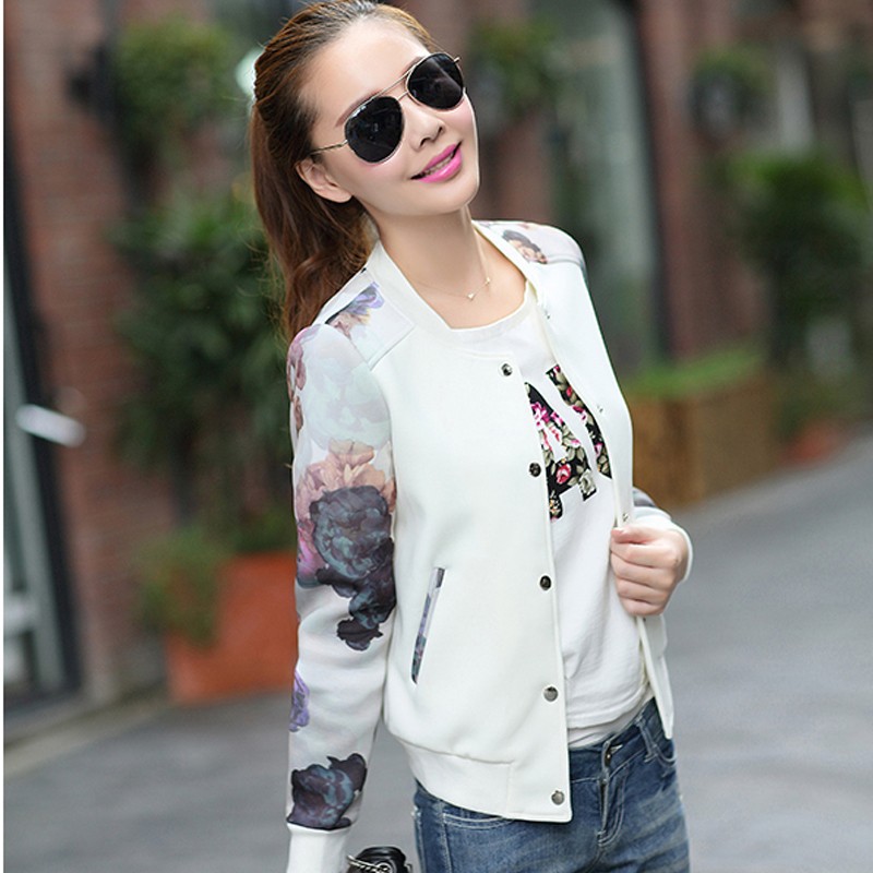 Flower Print Girl Plus Size Casual Baseball high quality Jacket Women Sweatshirts Button Thin Bomber Jacket Long Sleeves Coat