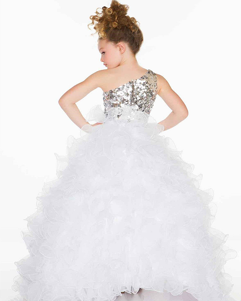Cute Organza Flower Girls Dresses One Sleeve Beads Crystals Bow Toddler Mini Cupcakes Ball Gown Little Kids Pageant Dresses