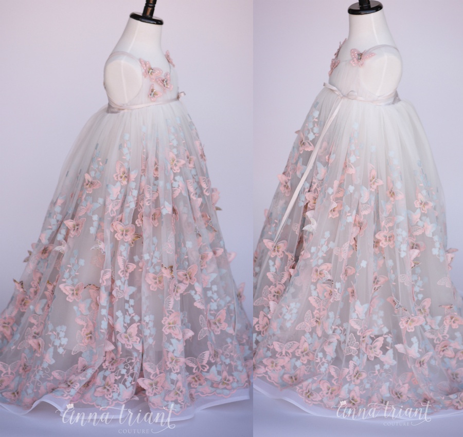 3D-Floral Butterfly Girls' Dresses For Weddings Floor Length Tulle Ribbon Bow Sash Pageant Gowns Sleeveless V-Neck Spaghetti Communion Dress