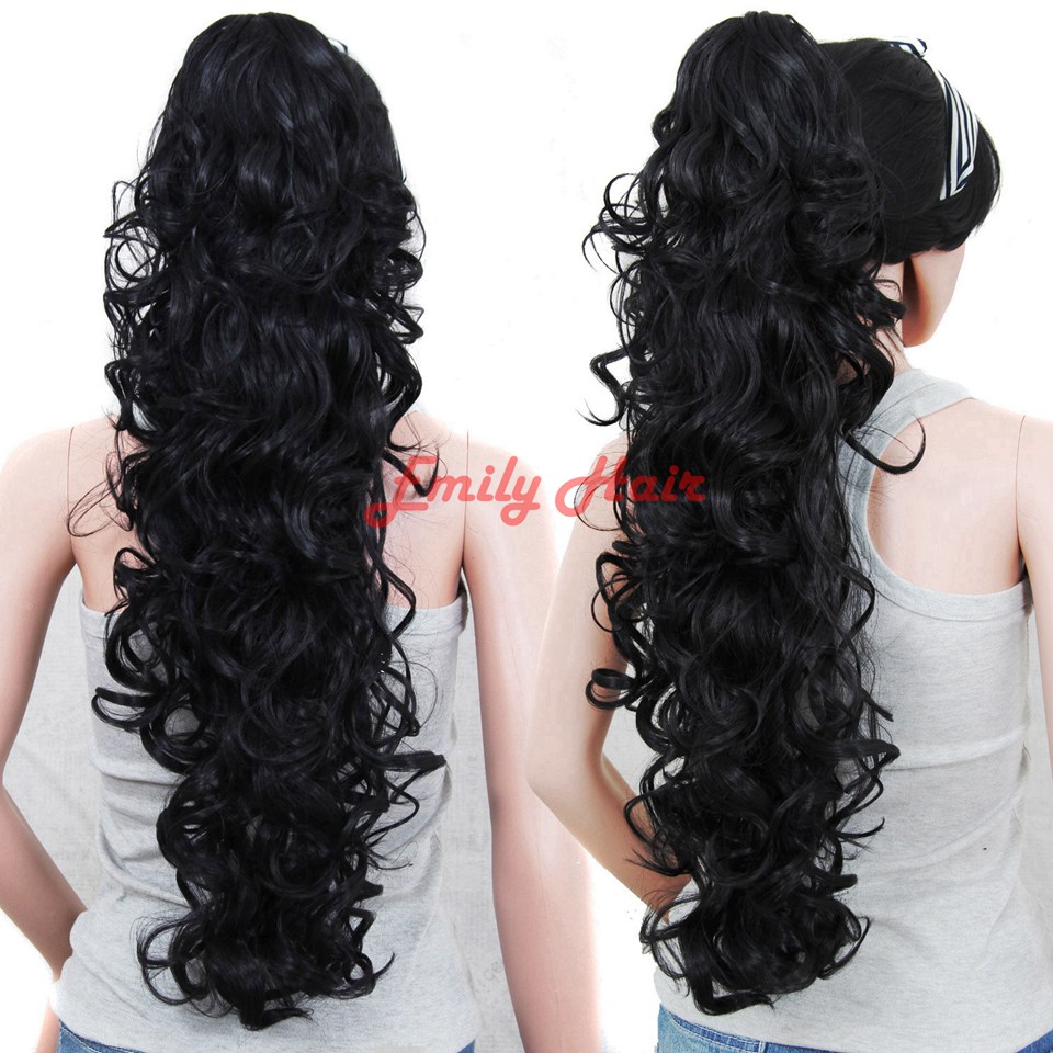 Wholesale-26" 210g Claw Hair Tail Ponytail Hair Extension Wavy Curly Style Tress Curly Synthetic Hairpieces Chignon Tail Pieces