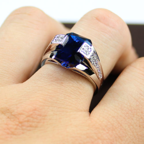 Sterg Sier Wedding Band: Blue Sapphire & Simulated Dia, Size 8-13