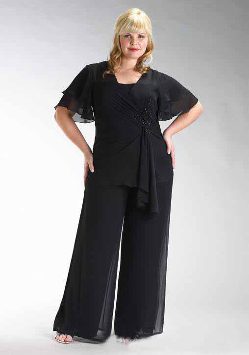 Popular 2016 Plus Size Black Chiffon Short Sleeve Mother Of The Bride Two Pieces Pant Suits Beaded Waist Custom Made EN4127