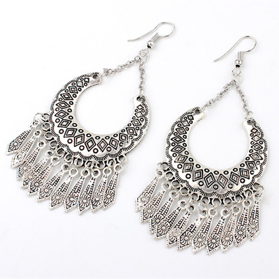 European Vintage Ethnic Wind Antique Silver Tassel Earrings Bohemia Moon Drop Tibetan Silver Earring Jewelry For Women