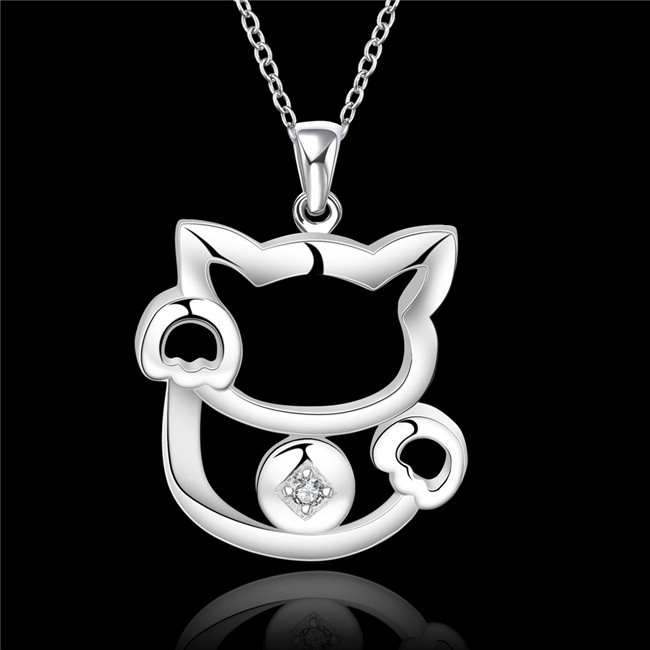Christmas gift Cat shape pendant necklace white gemstone sterling silver plated necklace STSN591,fashion 925 silver necklace factory direct