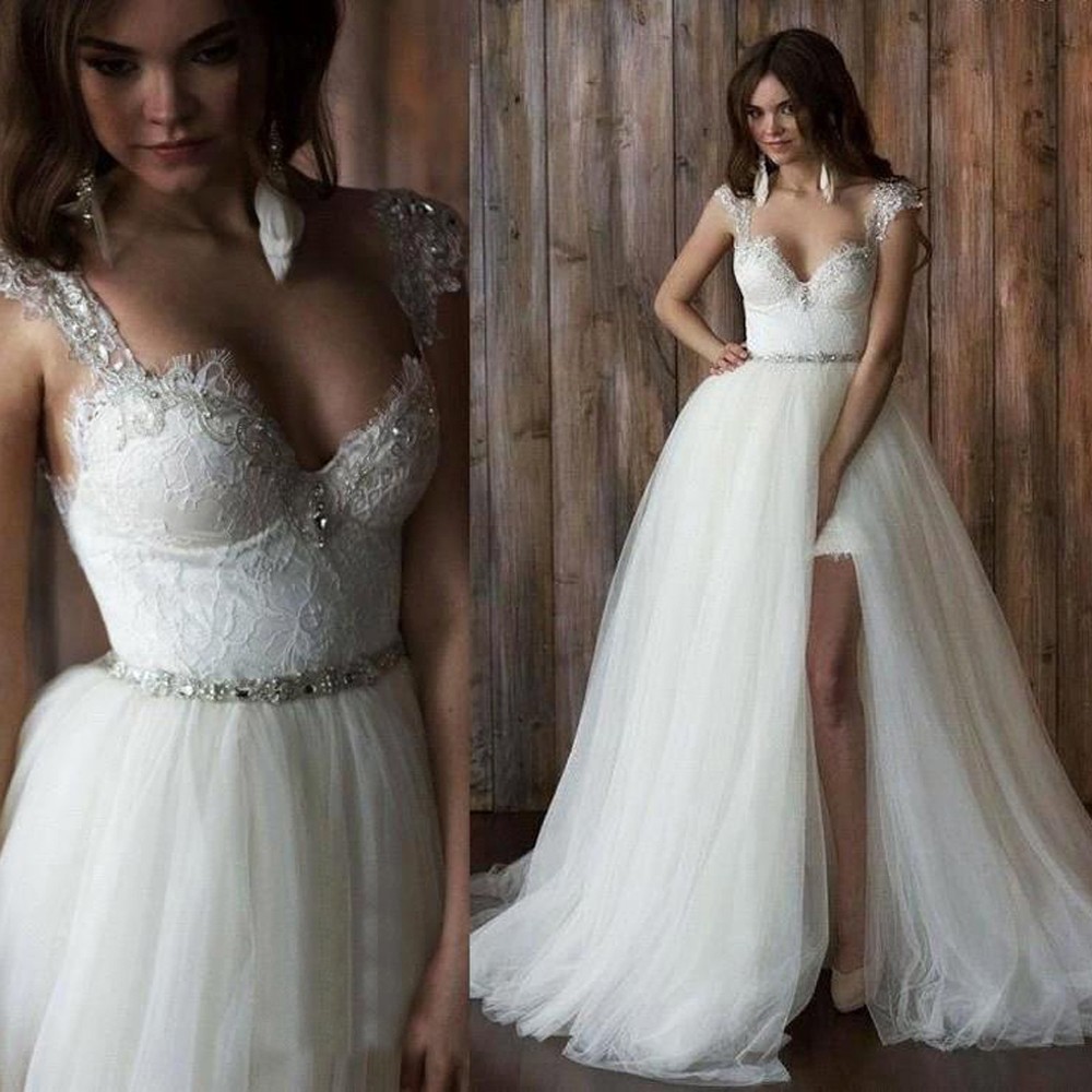 Sexy Beach Overskirts Wedding Dresses with Detachable Train A Line Vestidos de Novia Sexy Backless Tulle and Lace Bridal Gowns 2016, Ivory
Sexy Beach Overskirts Wedding Dresses with Detachable Train A Line Vestidos de Novia Sexy Backless Tulle and Lace Bridal Gowns 2016, Ivory