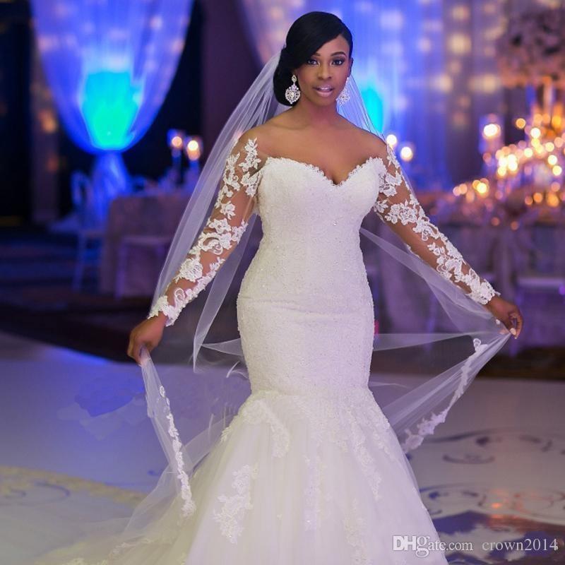 Long Sleeves Lace Mermaid Wedding Dresses South Africa Sheer Applique Plus Size Church Bridal Gowns Court Train White Wedding Gown