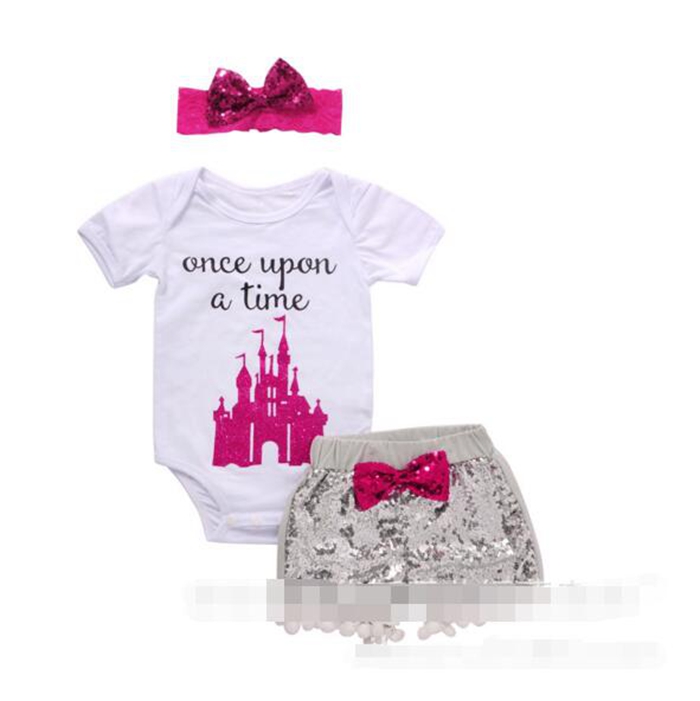 INS Letters Girl Rompers Suit Children Short Sleeve Triangle Rompers Sequins Shorts Bowknot Hair Band 3pcs Sets Baby Clothing 7 Style DHT191