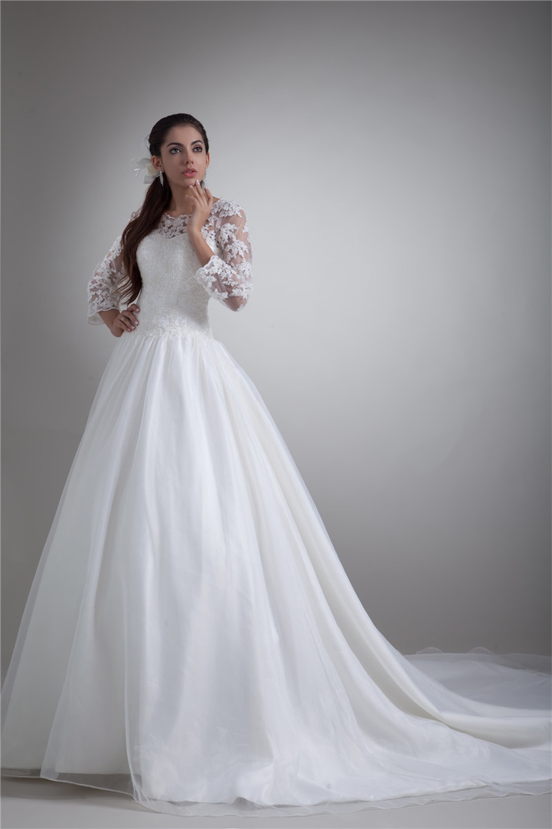 2017 Elegant 3/4 Long Sleeve Lace A-Line Wedding Dresses With Appliques Organza Plus Size Wedding Party Bridal Gowns Vestido De Novia BW12