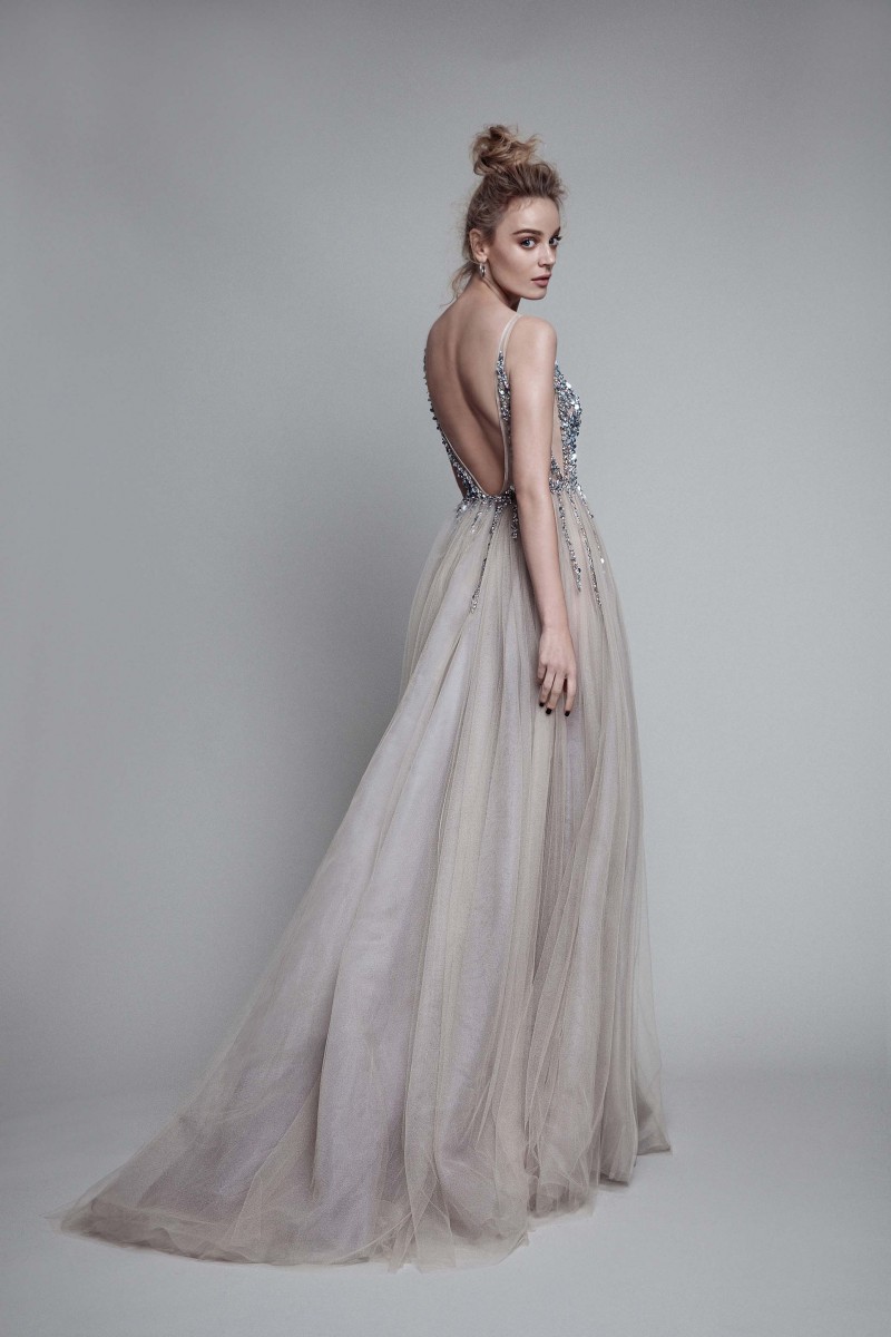 2019 Berta Sexy Dresses Evening Wear Deep V-Neck Backless Sequins Formal Gowns Beaded Illusion A-Line Party Dress