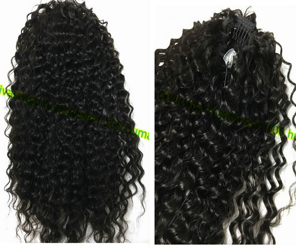 Cheap mongolian virgin human hair high ponytail afro puff clip in kinky curly drawstring pony tail hair extension
