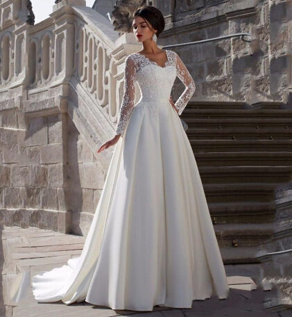 2019 Modest Long Sleeve Wedding Dresses Scalloped V Neck A Line Ivory Lace and Satin Vestidos De Novia Bridal Gowns Custom Made China