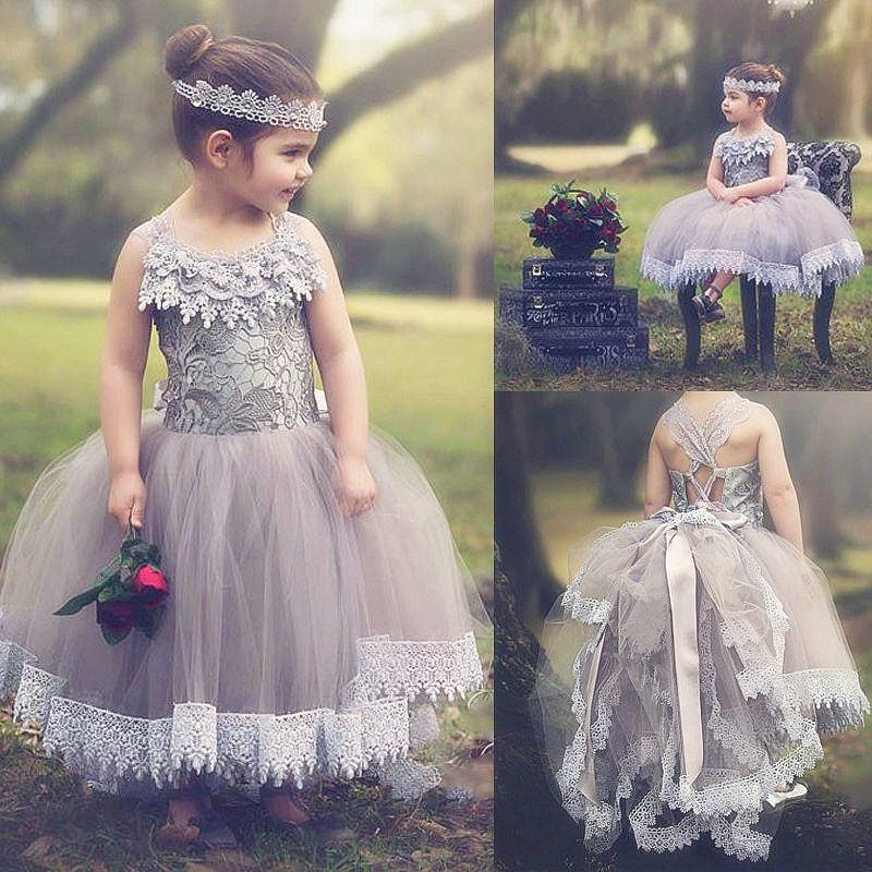 Cloud Flower Girl Dresses Tiered Sheer Neck Floor Length Girls Pageant Dresses Kids Wedding Formal Wear