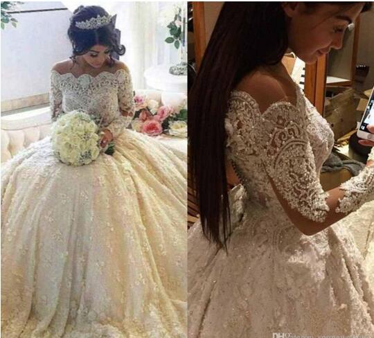 Luxury Vintage Full Lace Wedding Dresses Off Shoulder Bateau Long Sleeves Ball Gown Bridal Gowns With Beaded Pearls Court Train BA3212, Champagne
Luxury Vintage Full Lace Wedding Dresses Off Shoulder Bateau Long Sleeves Ball Gown Bridal Gowns With Beaded Pearls Court Train BA3212, Champagne