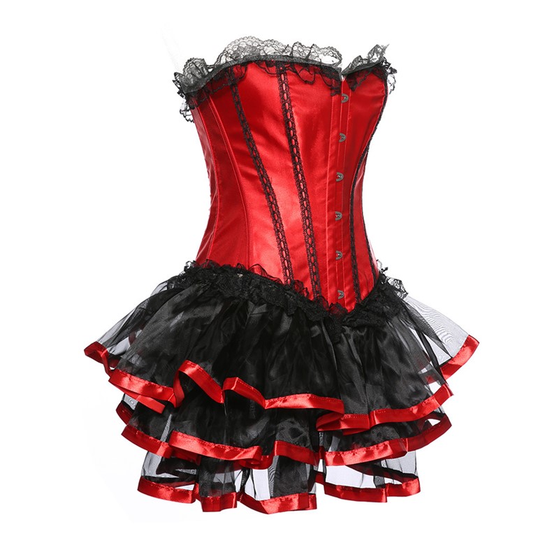 Plus Size Halloween Christmas Nightclub Red Sweetheart Lace Trim Corset with Mesh Layered TUTU Skirt Dancing Suit Women Dance Corset Outfit