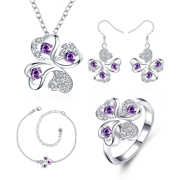Fashion 925 silver Four Leaf Flower necklace bracelet earring ring a famliy of four jewelry sets STSS034B sterling silver purple gemstone