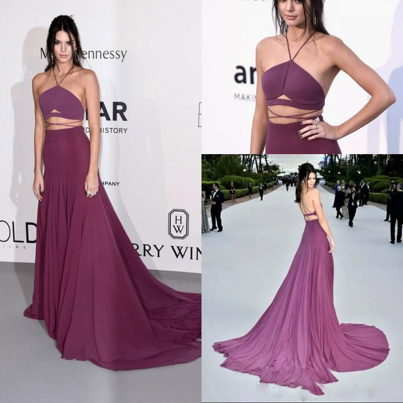 2016 Kendall Jenner Sexy Grape Spaghetti Two Pieces Backless Evening Dresses Sweep Train A Line Formal Red Carpet Celebrity Dresses