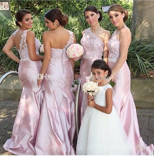 Sexy Pink Lace Mermaid Bridesmaid Dresses One Shoulder Taffeta Backless 2022 Long Custom Made Formal Evening Prom Gowns Maid of Honor