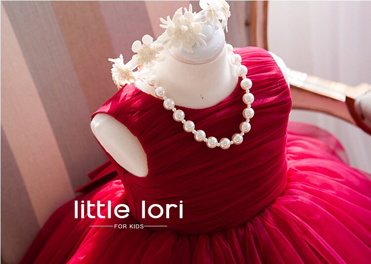Elegant Girl Summer Dresses 2016 Red Chiffon Girls Wedding Party Birthday Dress Girl Baptism Vestidos with Big Bow 6M-12Y
