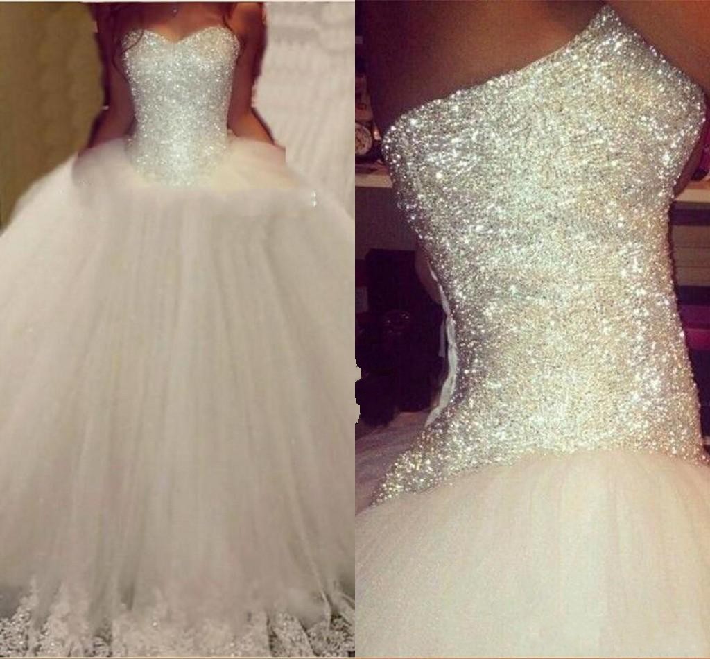2016 Cheap Vestidos Bling Dresses Ball Gown Crystal Mor Beading Lace Appliques Long Wedding Dress Sweep Train Formal Bridal Gowns