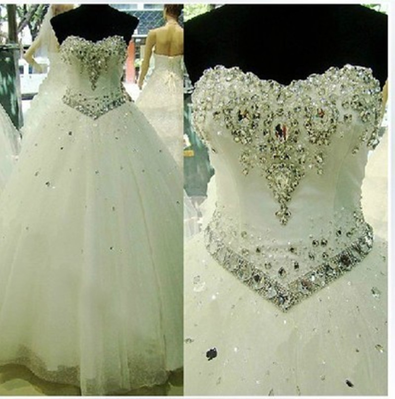 Beaded Crystal Soft Tulle Ball Gown Wedding Dresses 2019 Romantic Sweetheart Bride Dress Lace Up Back
