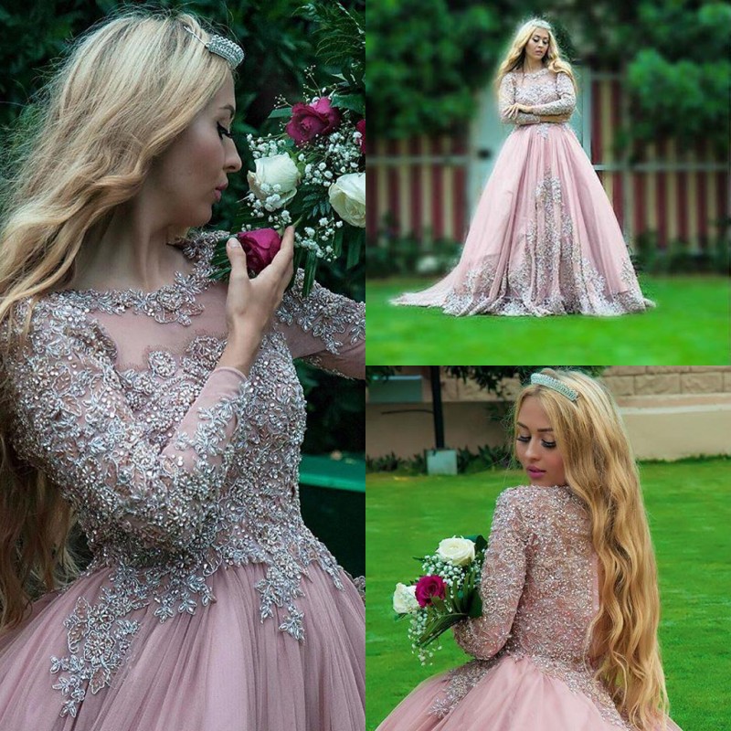 

Saudi Arabic Pink Ball Gown Prom Dresses Crystals Beaded Long Sleeve Lace Applique Evening Gowns Sweep Train Pageant Party Dresses, Dark red