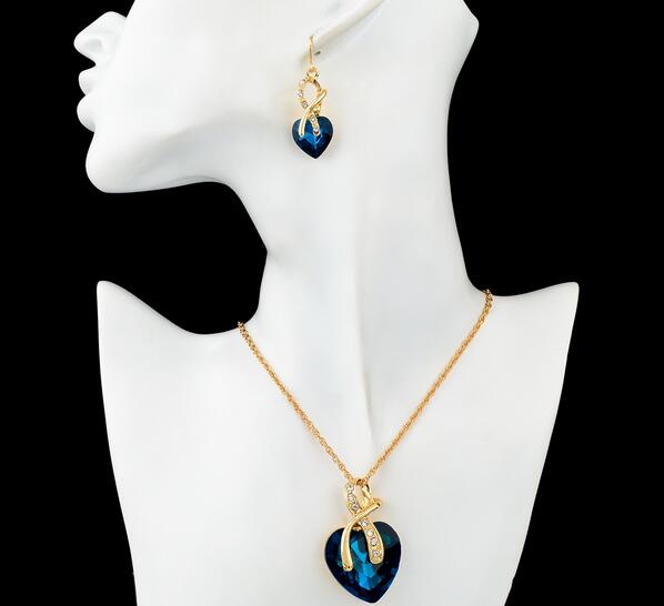 Gold Plated Jewelry Sets For Women Crystal Heart Necklace Earrings Jewellery Set Bridal Wedding Accessories 2016 HJIA849