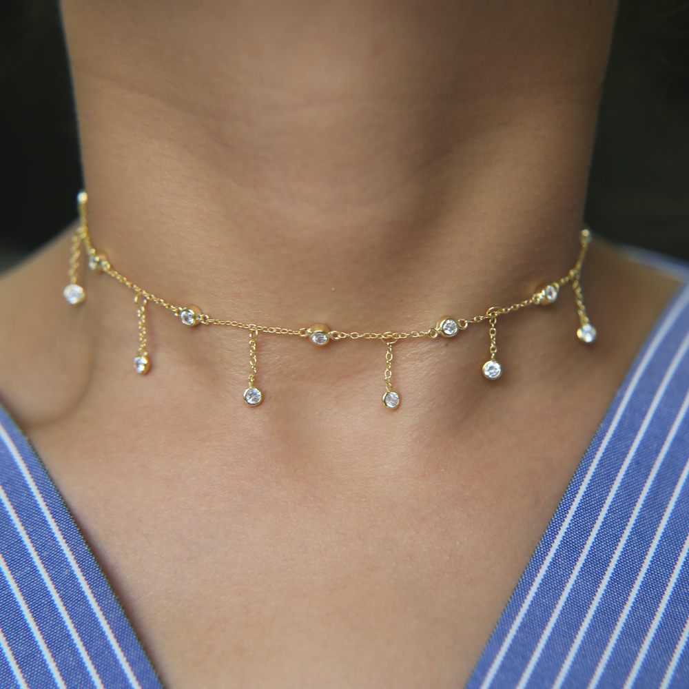 luxury fine 925 sterling silver gold plated cz station tassel chain choker statement cz women necklace