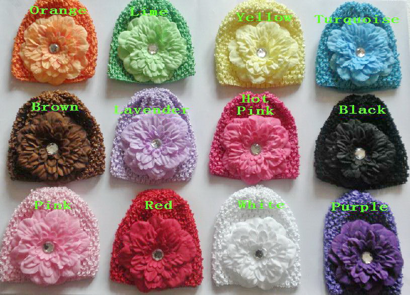 50pcs baby waffle caps crochet hats hair flower clips beanie with lily peony daisy flower girl toddler stretchy caps MZ9111