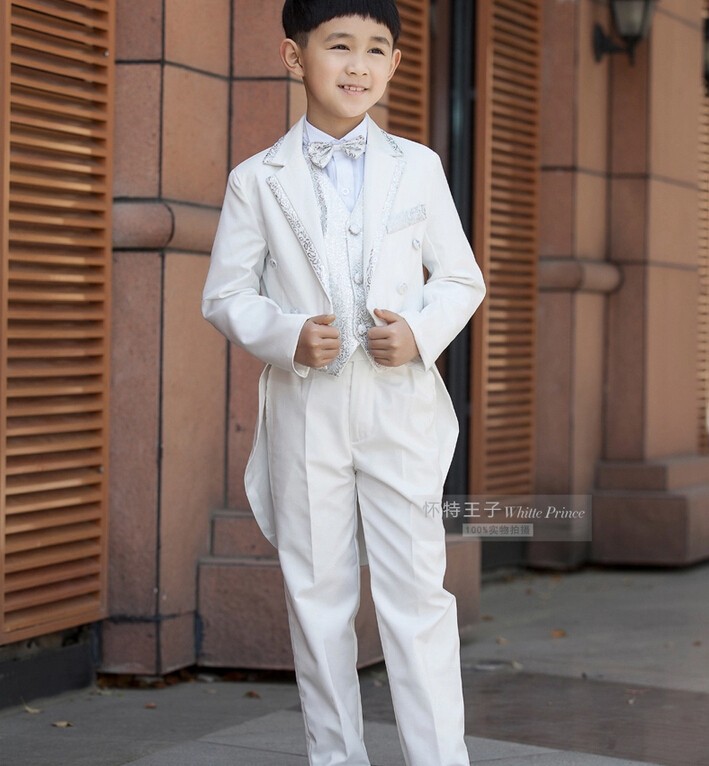 Elegant Fashion Children Tailcoat White Tuxedo Set Costume Birthday Fashion Casual Brand Formal Boy Wedding Suits Blazers 5PCS Set