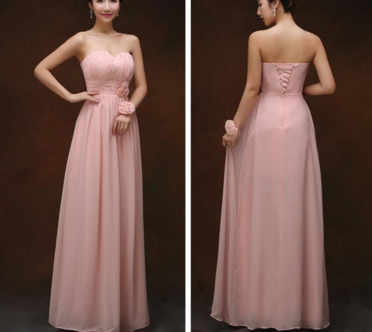 Pleated Long Chiffon Bridesmaid Dress Nude Pink Floor Length A Line Bridesmaid Gowns Lace Up